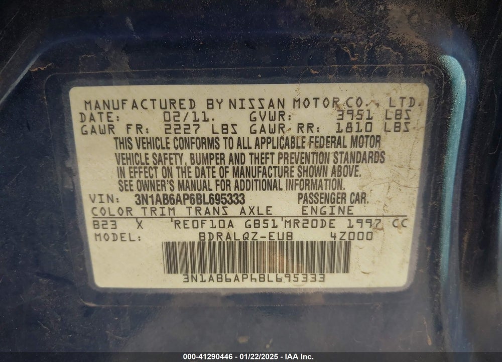 2011 NISSAN SENTRA VIN: 3N1AB6AP6BL695333
