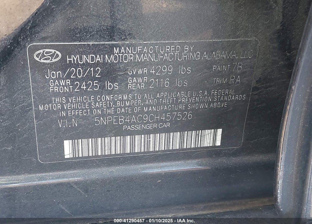 2012 HYUNDAI SONATA GLS VIN: 5NPEB4AC9CH457526