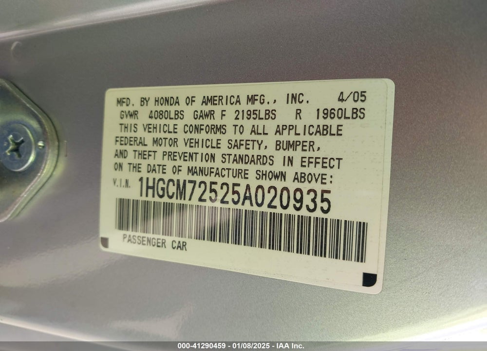 2005 HONDA ACCORD 2.4 LX SPECIAL EDITION VIN: 1HGCM72525A020935