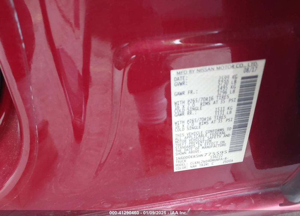 2017 NISSAN FRONTIER VIN: 1N6DD0ER5HN775595
