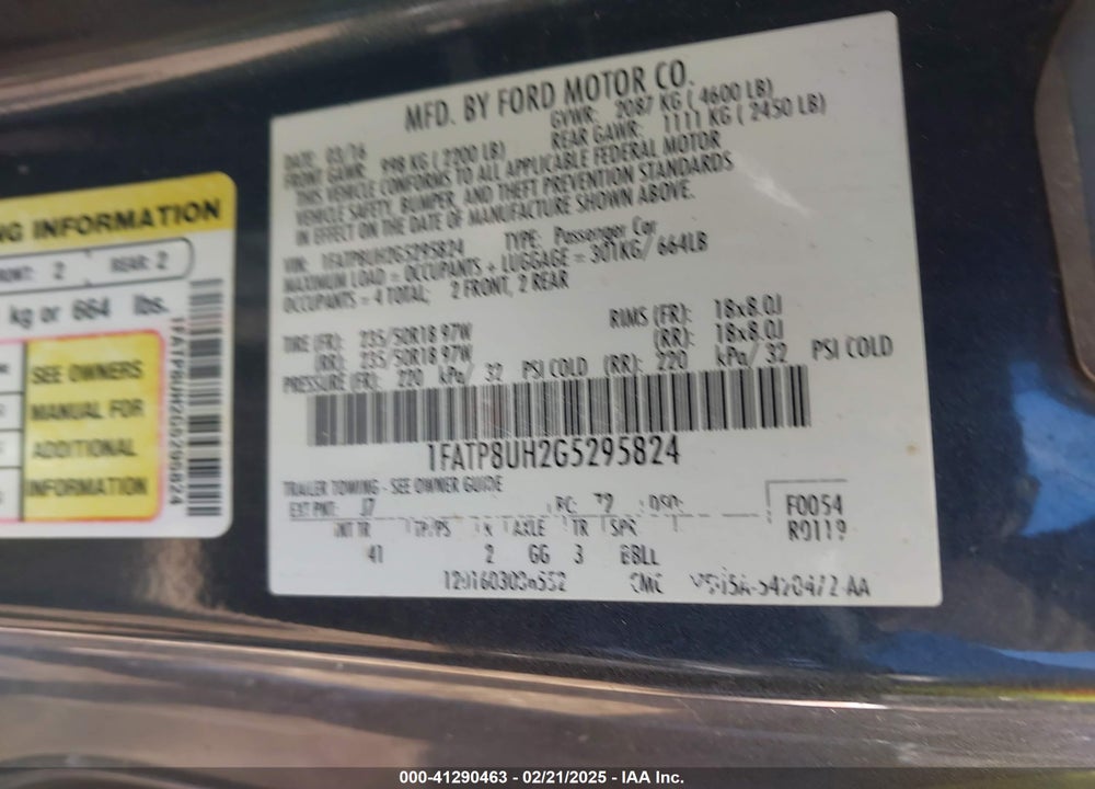 2016 FORD MUSTANG VIN: 1FATP8UH2G5295824