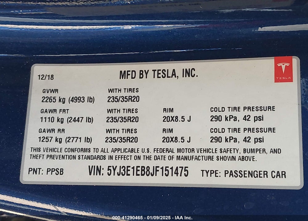 2018 TESLA MODEL 3 VIN: 5YJ3E1EB8JF151475