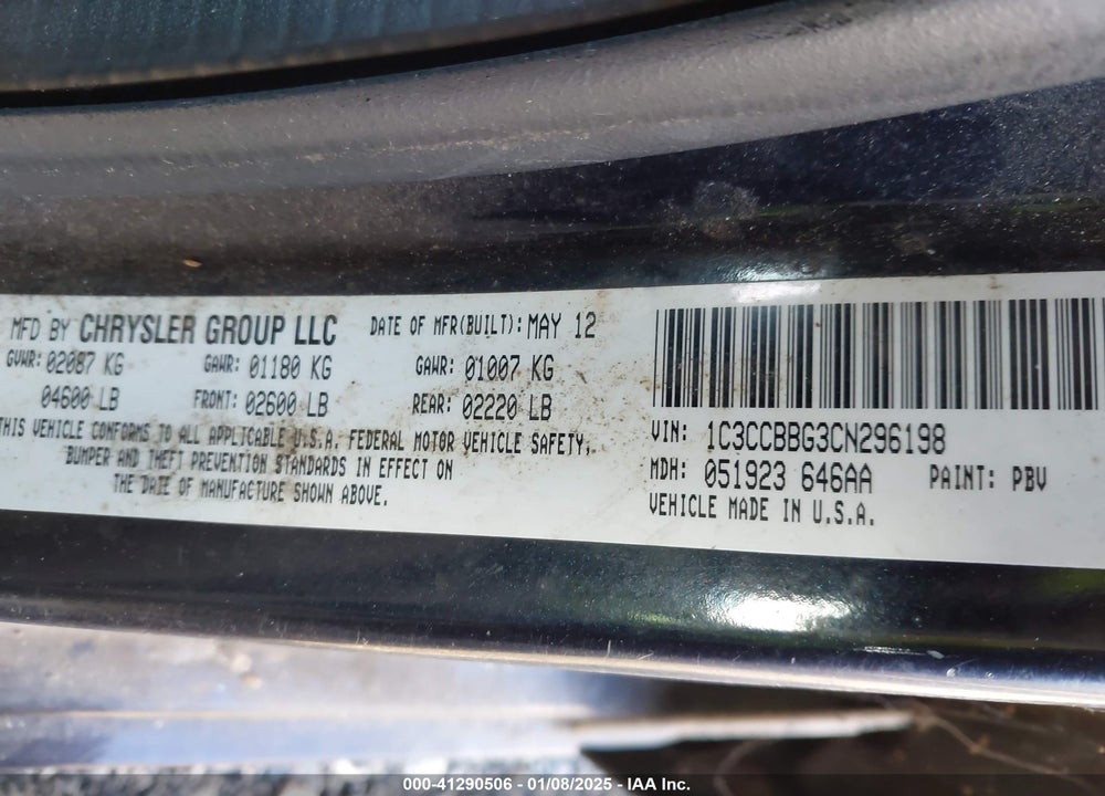 2012 CHRYSLER 200 TOURING VIN: 1C3CCBBG3CN296198