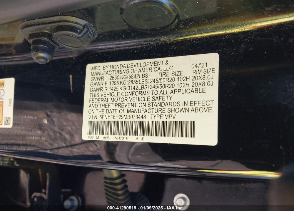 2021 HONDA PILOT AWD SPECIAL EDITION VIN: 5FNYF6H29MB073448