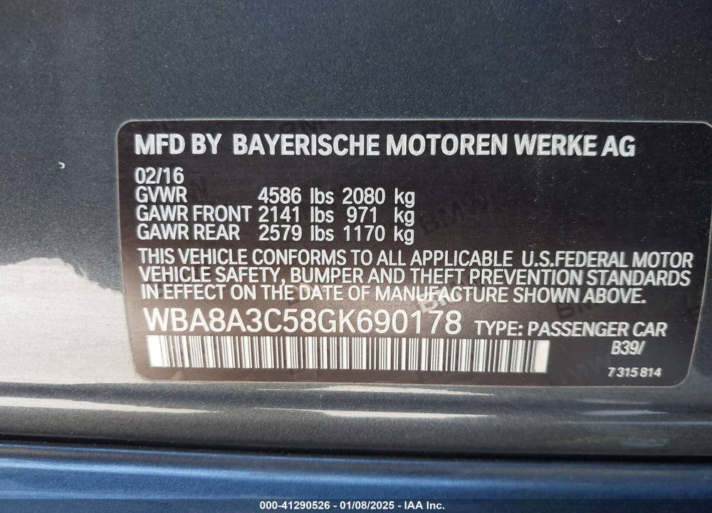 2016 BMW 320I XDRIVE VIN: WBA8A3C58GK690178