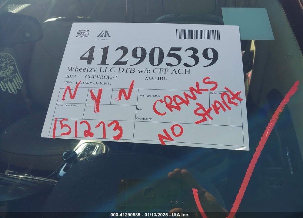 2013 CHEVROLET MALIBU VIN: 1G11F5RR7DF108614