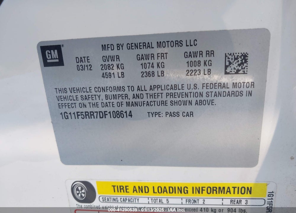 2013 CHEVROLET MALIBU VIN: 1G11F5RR7DF108614