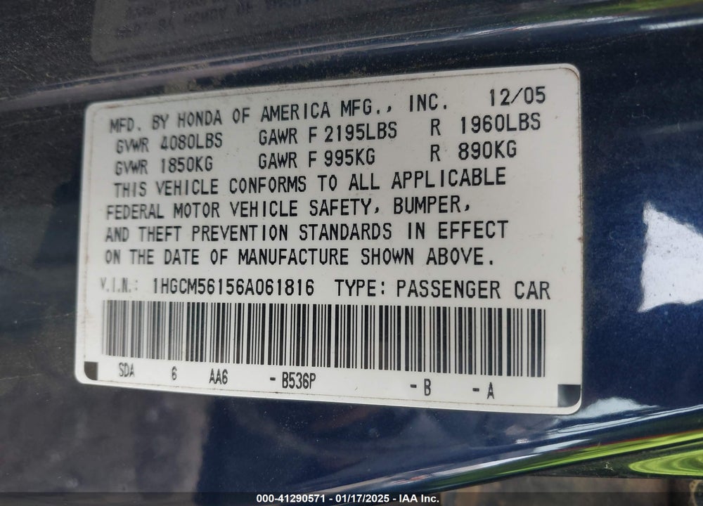 2006 HONDA ACCORD VIN: 1HGCM56156A061816