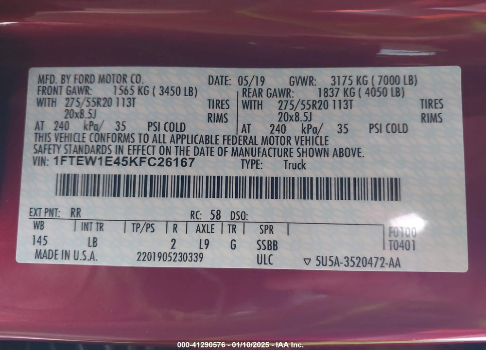 2019 FORD F150 VIN: 1FTEW1E45KFC26167