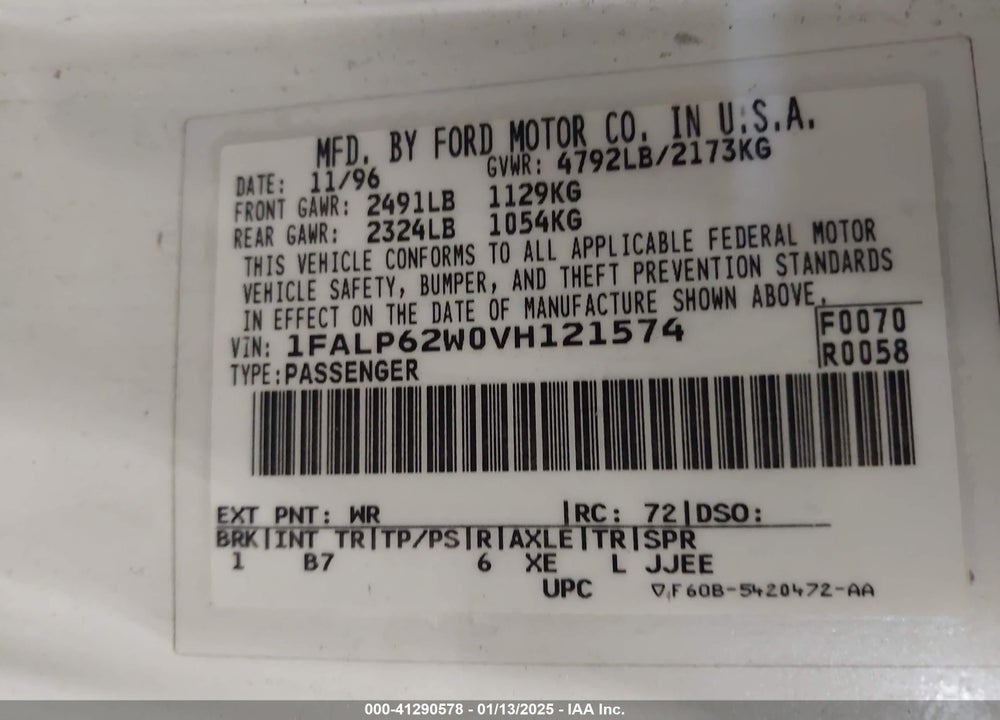 1997 FORD THUNDERBIRD LX VIN: 1FALP62W0VH121574