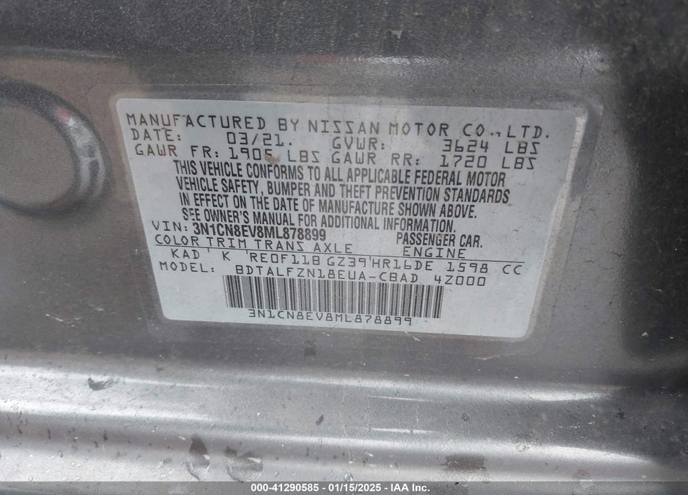 2021 NISSAN VERSA VIN: 3N1CN8EV8ML878899