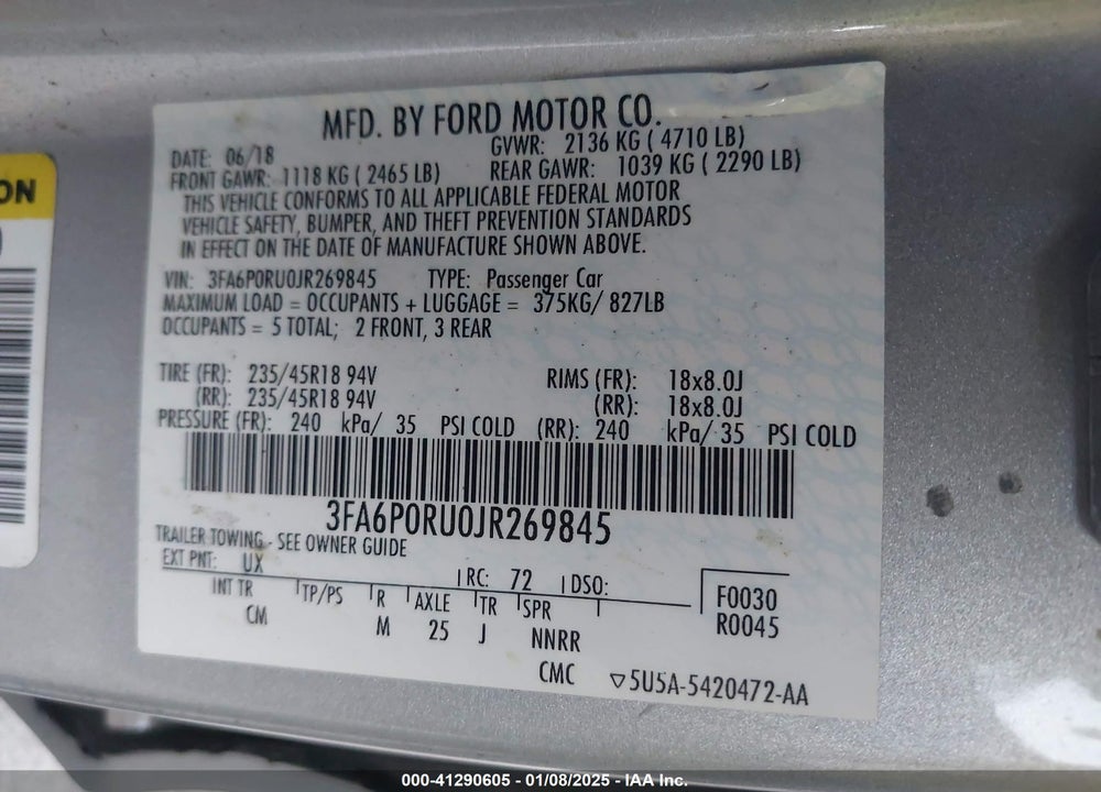 2018 FORD FUSION HYBRID TITANIUM VIN: 3FA6P0RU0JR269845
