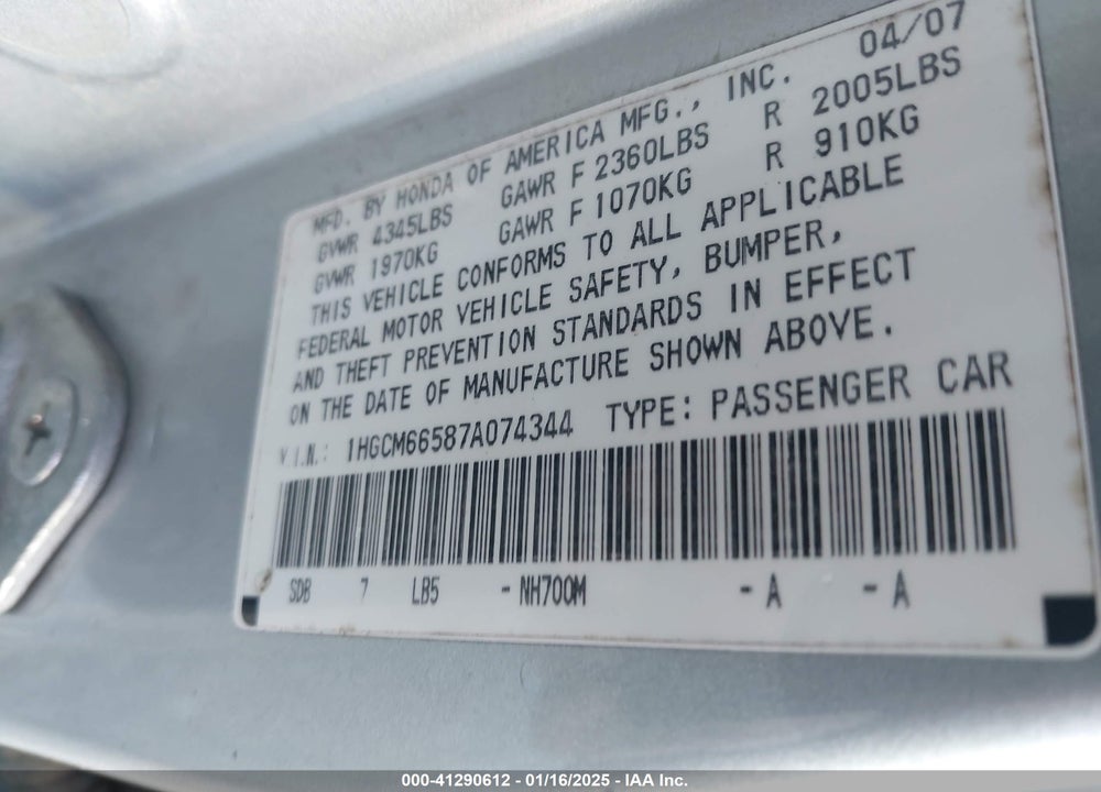 2007 HONDA ACCORD VIN: 1HGCM66587A074344