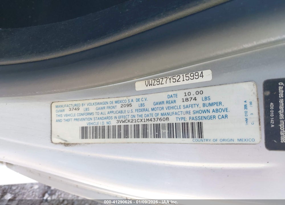 2001 VOLKSWAGEN NEW BEETLE GLS VIN: 3VWCK21CX1M437608