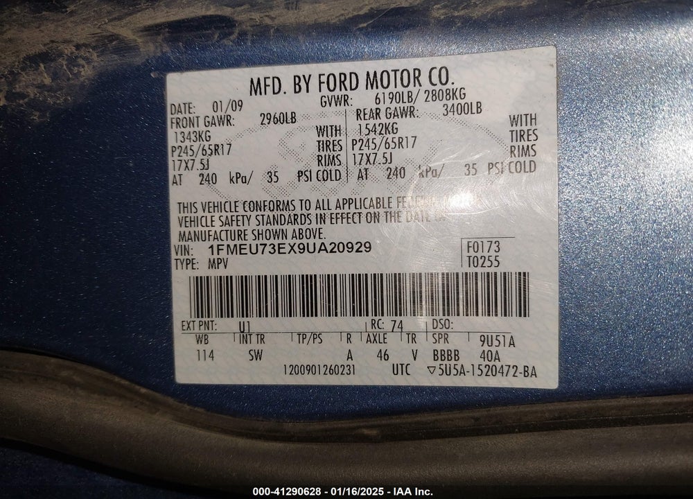 2009 FORD EXPLORER XLT VIN: 1FMEU73EX9UA20929