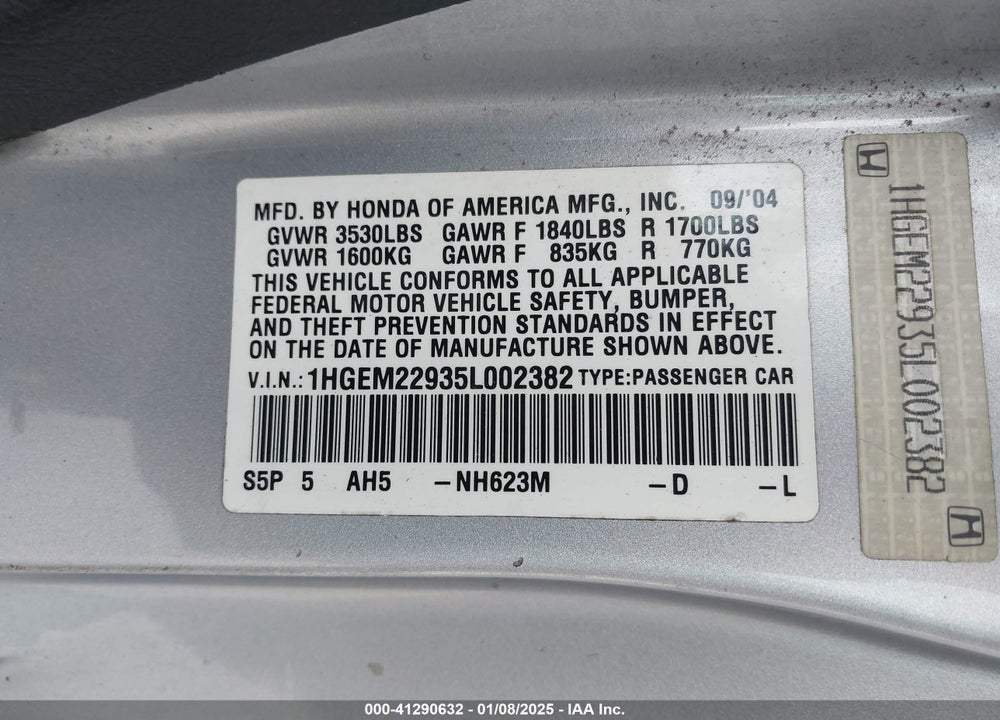 2005 HONDA CIVIC EX VIN: 1HGEM22935L002382