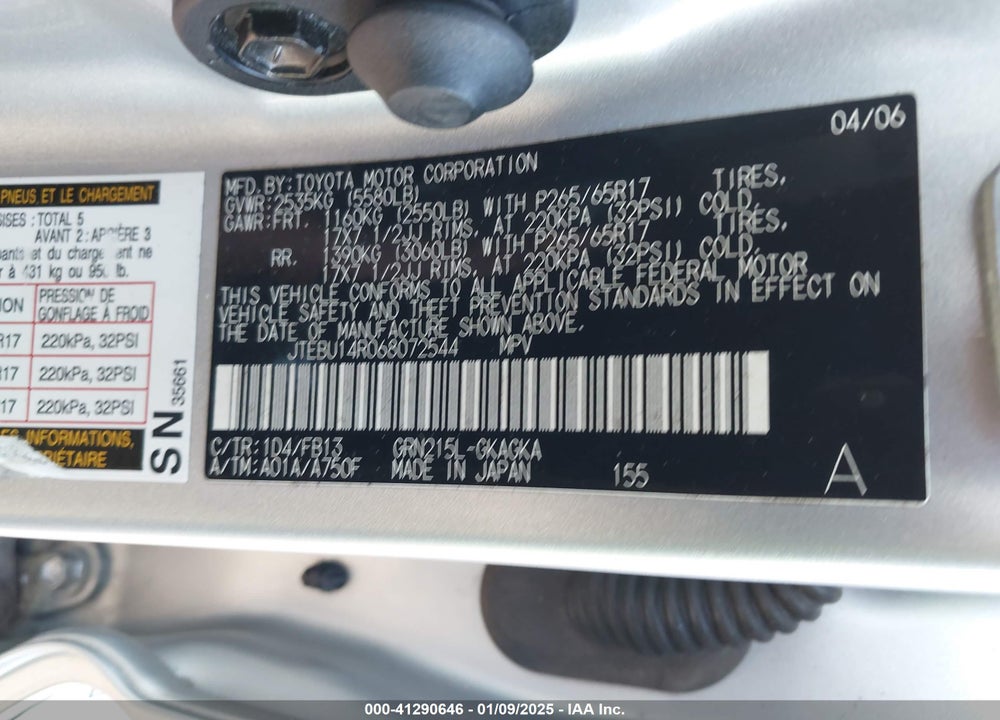 2006 TOYOTA 4RUNNER SR5 SPORT V6 VIN: JTEBU14R068072544