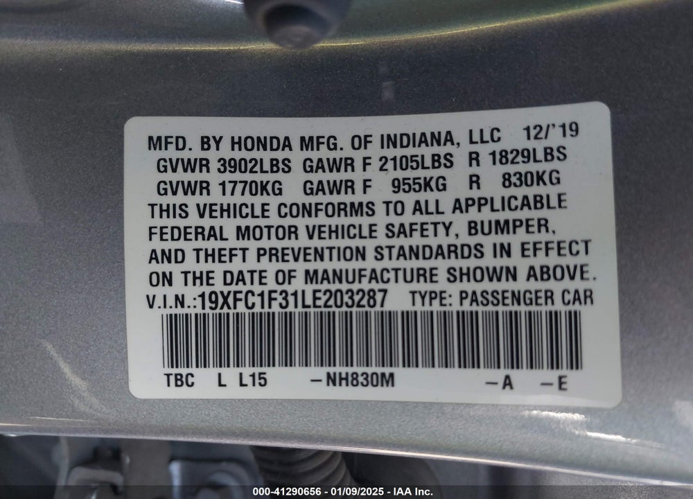 2020 HONDA CIVIC VIN: 19XFC1F31LE203287