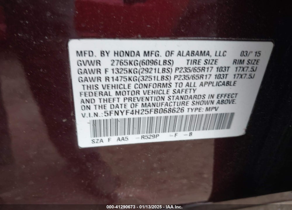 2015 HONDA PILOT LX VIN: 5FNYF4H25FB068626