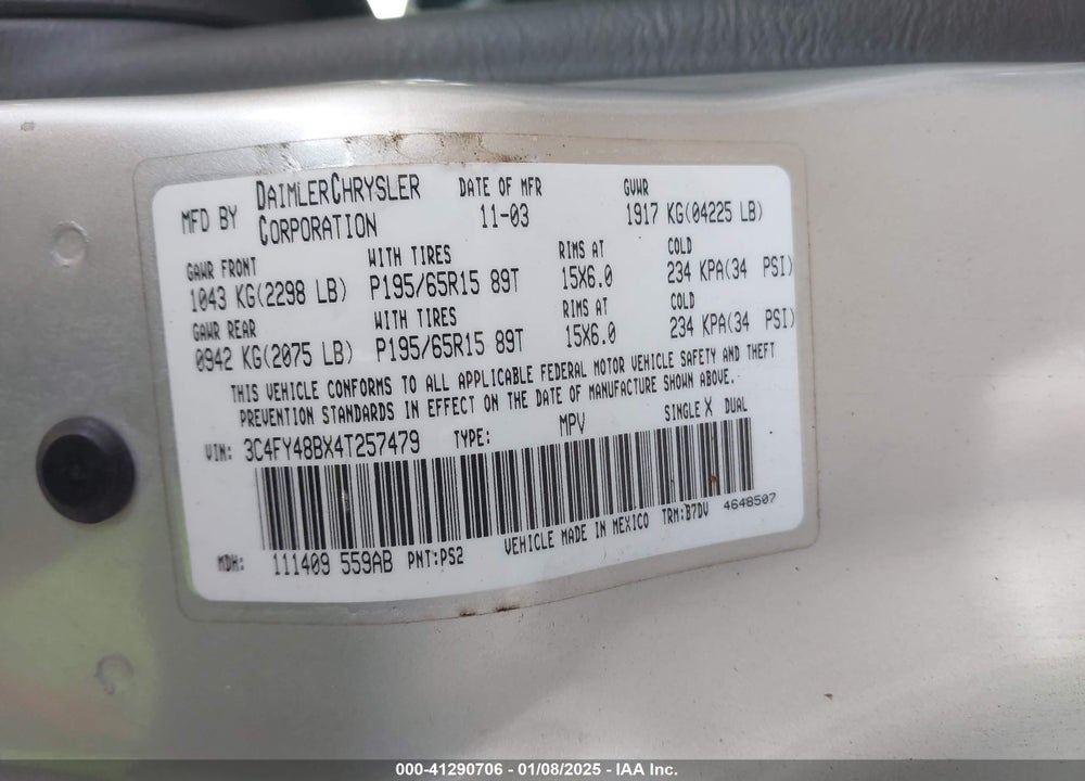 2004 CHRYSLER PT CRUISER VIN: 3C4FY48BX4T257479