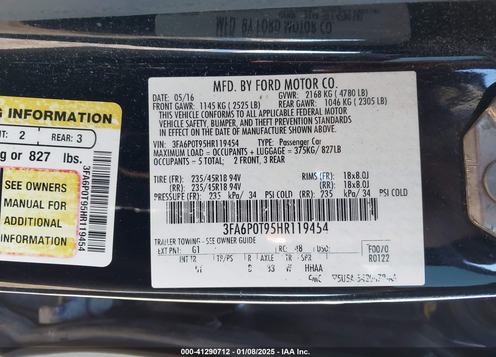 2017 FORD FUSION VIN: 3FA6P0T95HR119454