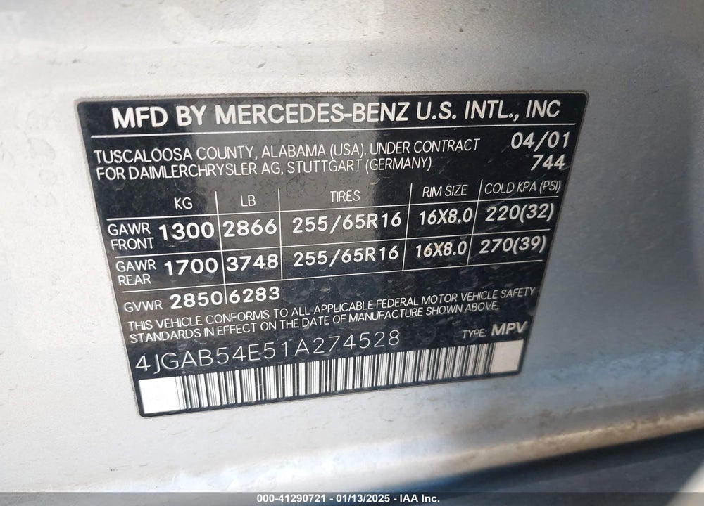 2001 MERCEDES-BENZ ML 320 VIN: 4JGAB54E51A274528
