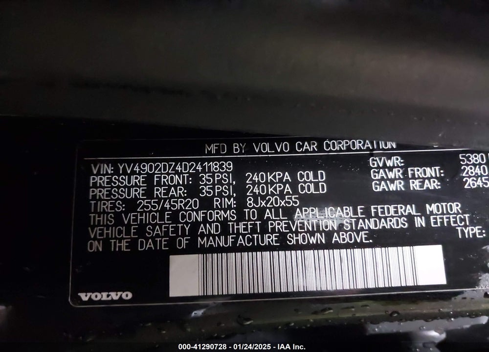 2013 VOLVO XC60 T6 VIN: YV4902DZ4D2411839