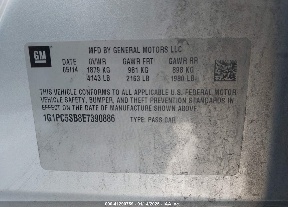 2014 CHEVROLET CRUZE 1LT AUTO VIN: 1G1PC5SB8E7390886