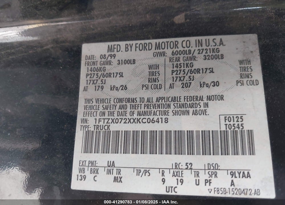 1999 FORD F-150 XL/XLT VIN: 1FTZX072XXKC06418