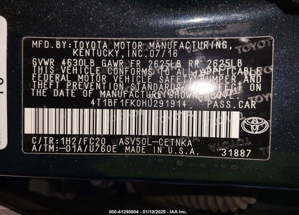 2017 TOYOTA CAMRY LE VIN: 4T1BF1FK0HU291914