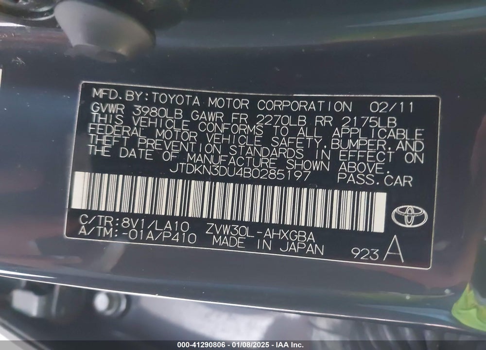 2011 TOYOTA PRIUS VIN: JTDKN3DU4B0285197