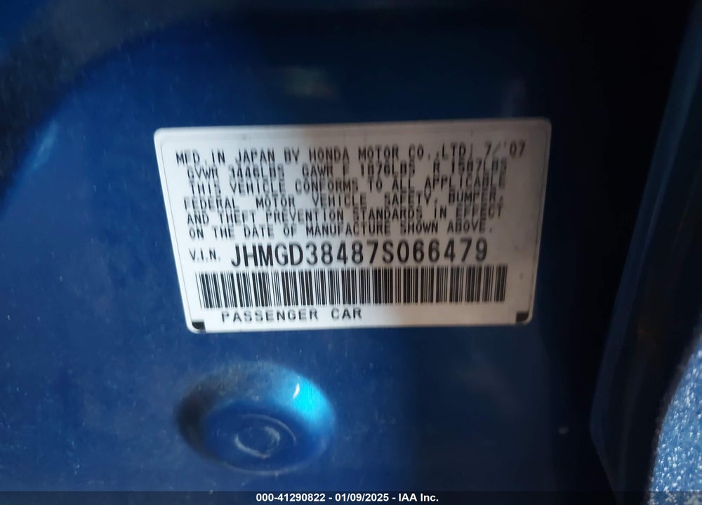 2007 HONDA FIT VIN: JHMGD38487S066479