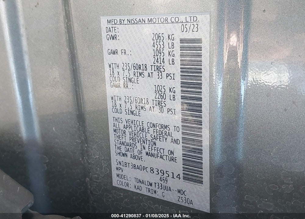 2023 NISSAN ROGUE SV FWD VIN: 5N1BT3BA0PC839514