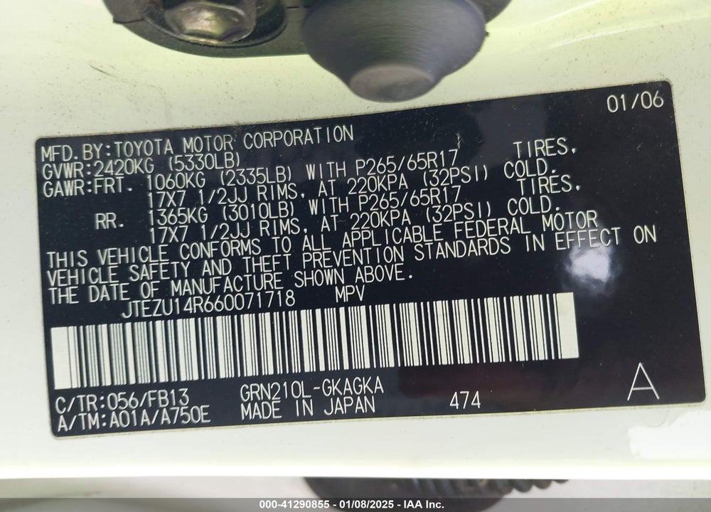 2006 TOYOTA 4RUNNER SR5 SPORT V6 VIN: JTEZU14R660071718