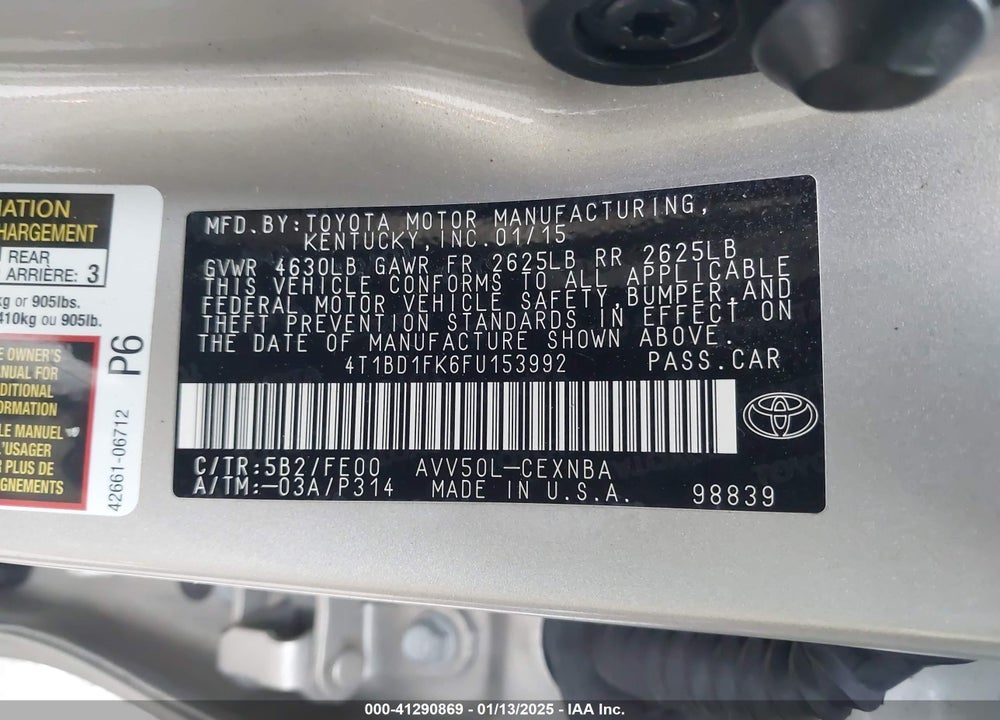 2015 TOYOTA CAMRY HYBRID LE VIN: 4T1BD1FK6FU153992
