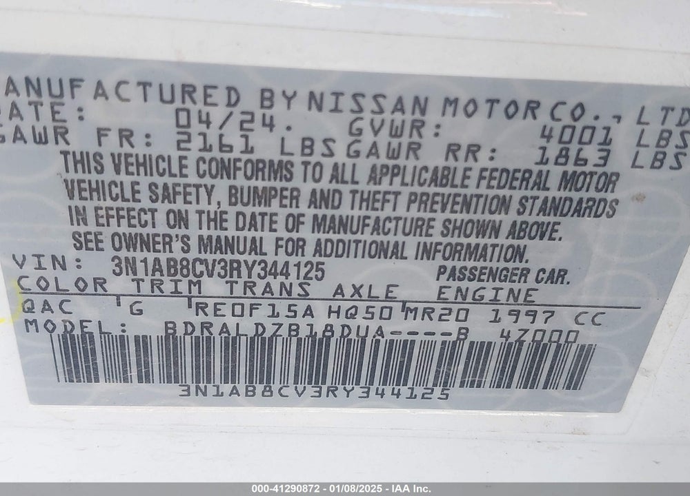 2024 NISSAN SENTRA SV XTRONIC CVT VIN: 3N1AB8CV3RY344125