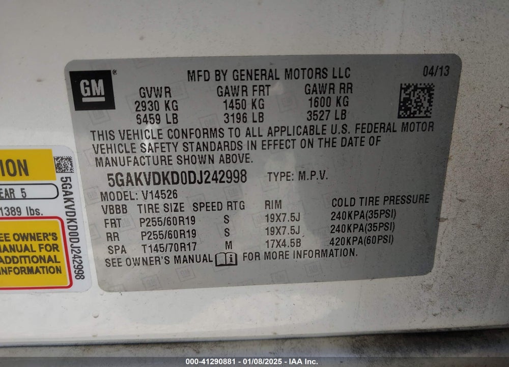 2013 BUICK ENCLAVE PREMIUM VIN: 5GAKVDKD0DJ242998