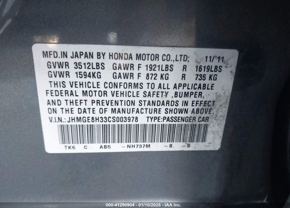 2012 HONDA FIT VIN: JHMGE8H33CS003978
