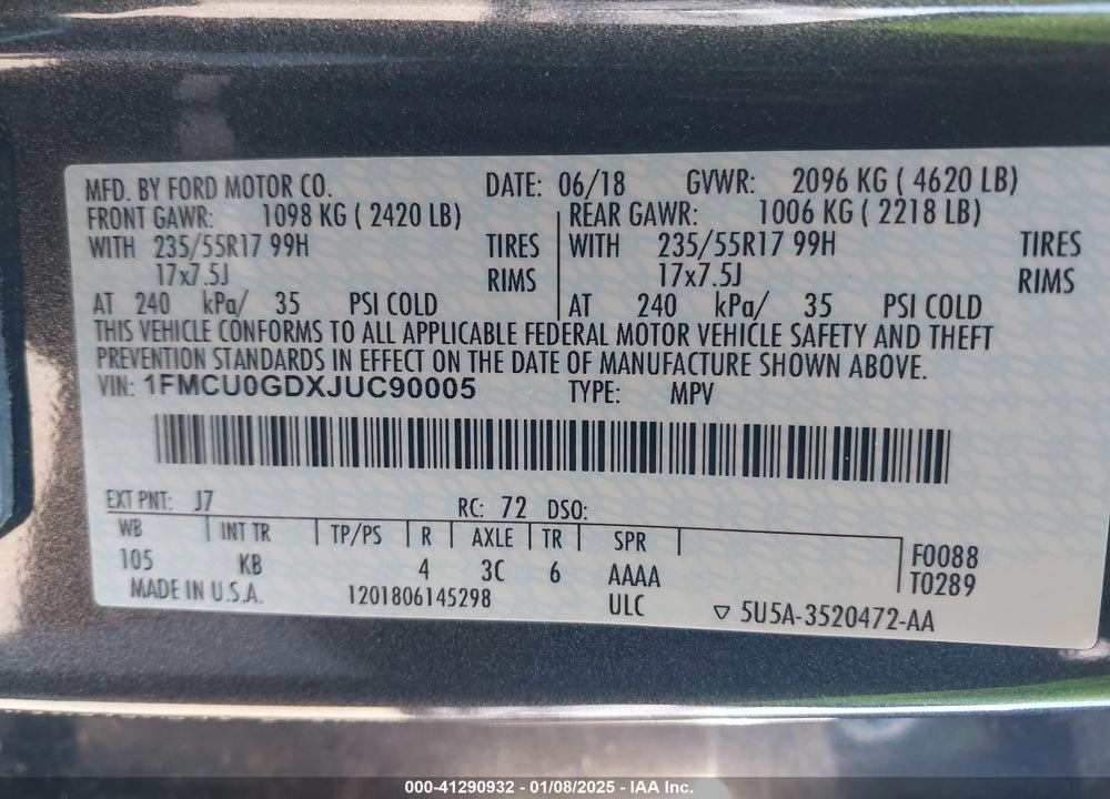 2018 FORD ESCAPE SE VIN: 1FMCU0GDXJUC90005