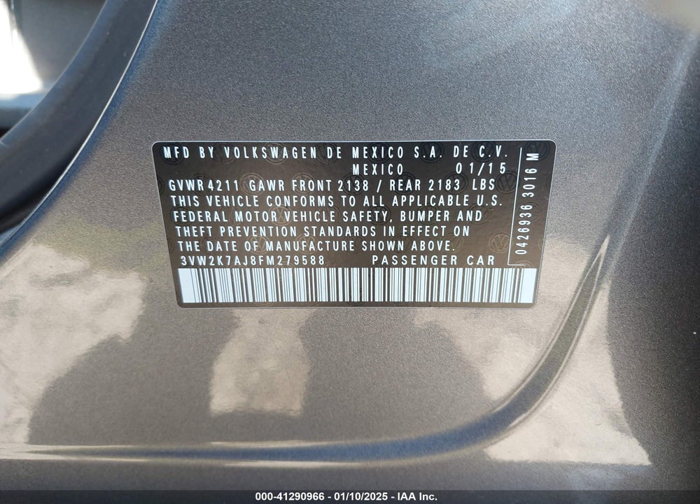 2015 VOLKSWAGEN JETTA VIN: 3VW2K7AJ8FM279588
