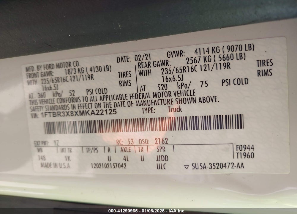 2021 FORD TRANSIT-250 CARGO VAN VIN: 1FTBR3X8XMKA22125