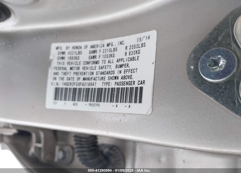 2015 HONDA ACCORD VIN: 1HGCR2F5XFA018947