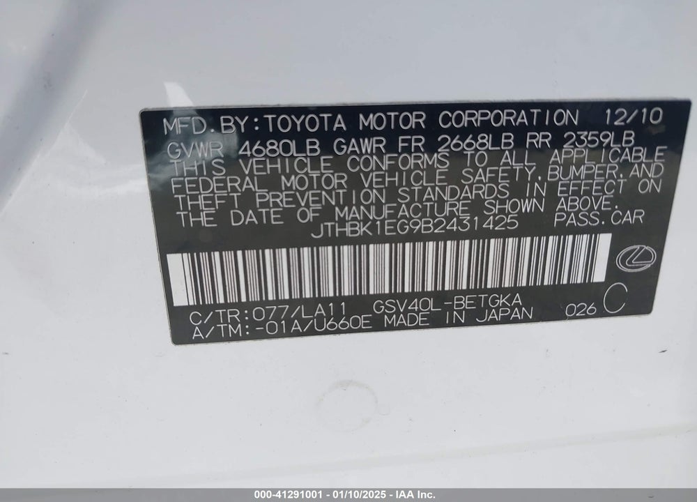 2011 LEXUS ES 350 VIN: JTHBK1EG9B2431425