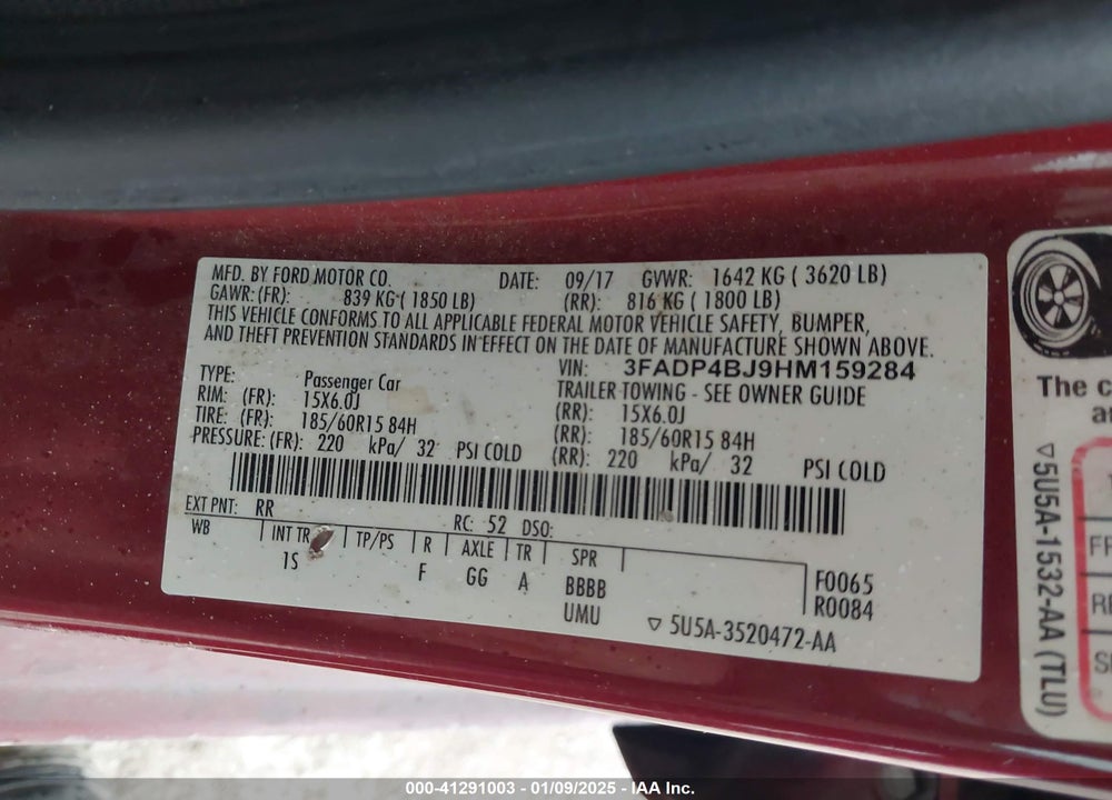 2017 FORD FIESTA VIN: 3FADP4BJ9HM159284