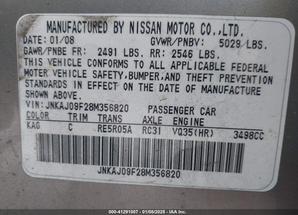 2008 INFINITI EX35 JOURNEY VIN: JNKAJ09F28M356820