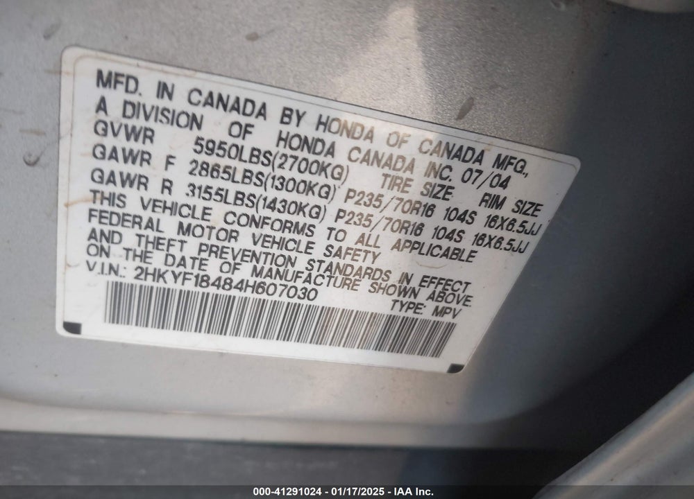 2004 HONDA PILOT EX VIN: 2HKYF18484H607030