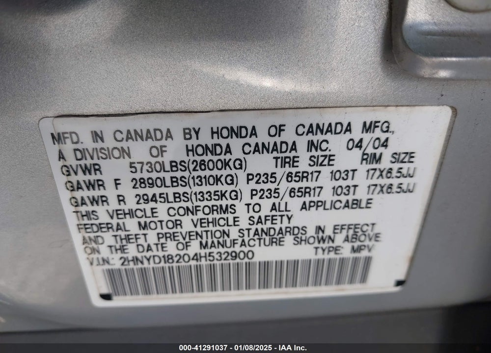 2004 ACURA MDX VIN: 2HNYD18204H532900