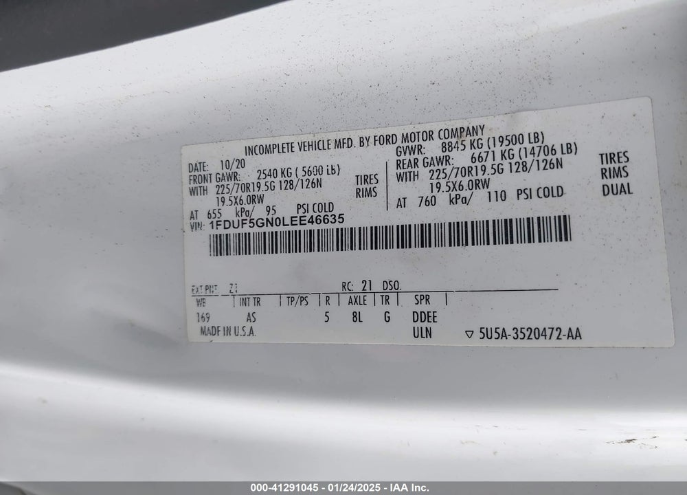 2020 FORD F-550 CHASSIS XL VIN: 1FDUF5GN0LEE46635