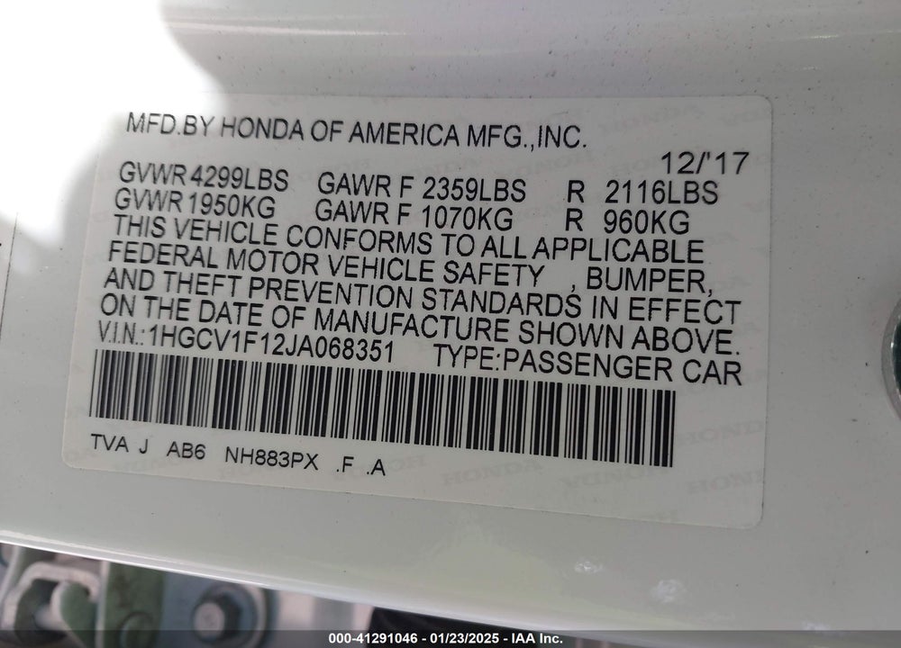 2018 HONDA ACCORD VIN: 1HGCV1F12JA068351
