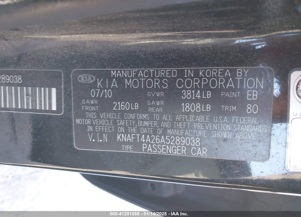 2010 KIA FORTE VIN: KNAFT4A26A5289038